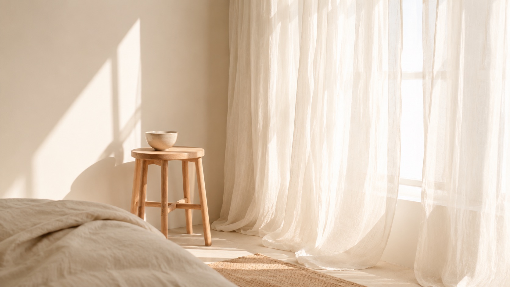 Morning light through sheer curtains in a quiet room